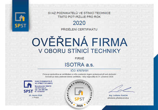 Overená firma v odbore tieniacej techniky pre rok 2020
