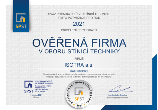 Overená firma v odbore tieniacej techniky pre rok 2021
